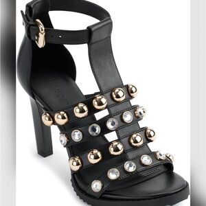 Karl Lagerfeld Paris Brexton Black and Gold Studded Heels - Size 7